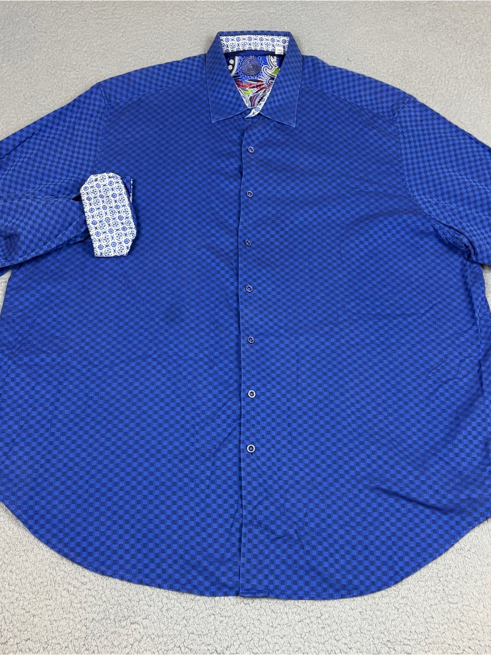Robert Graham Shirt Men’s 3XL Blue Geometric Check Button-Up Cotton Flip Cuffs